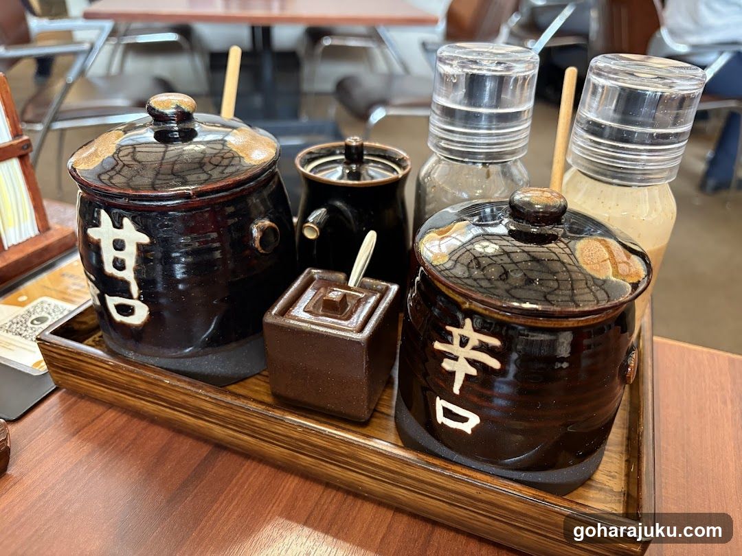 Japanese condiment set on wooden tray