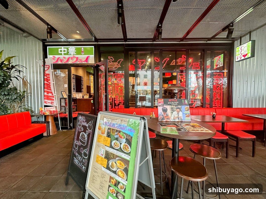 Restaurant Interior with Red Seating and Signage