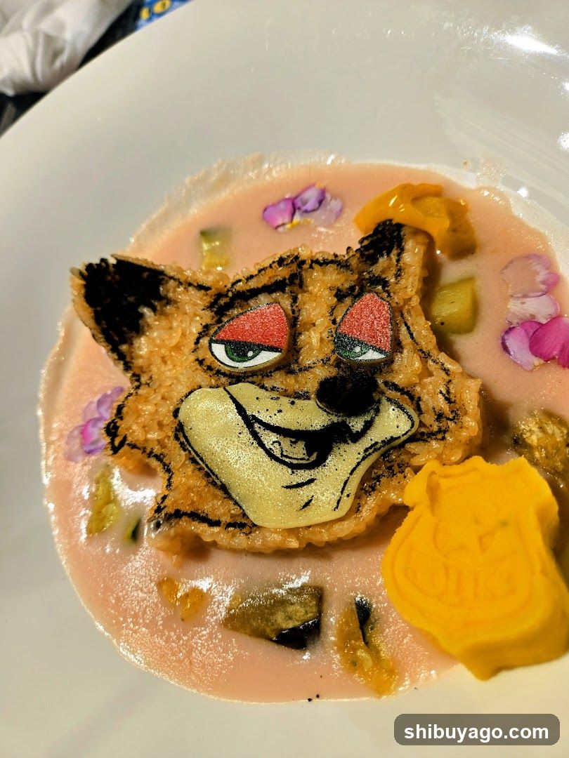 Fox-themed dish with rice paper art