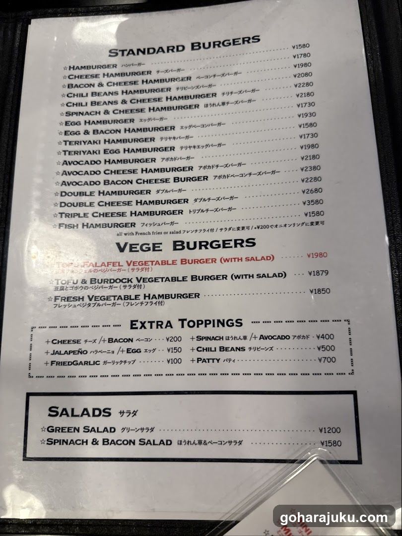 Standard Burgers & Veggie Burgers Menu