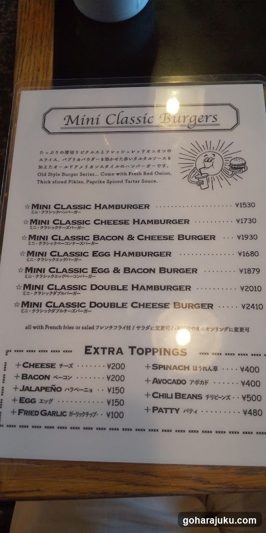 Mini Classic Burgers Menu