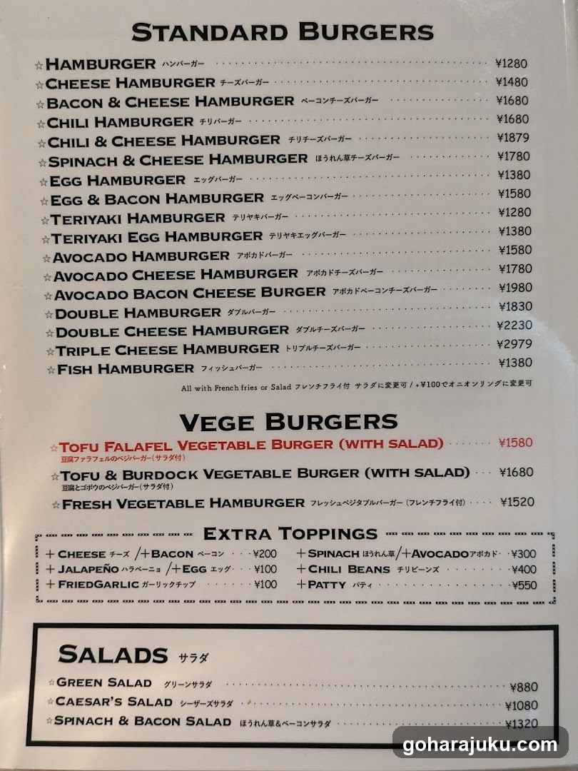 Standard Burgers & Veggie Burgers Menu
