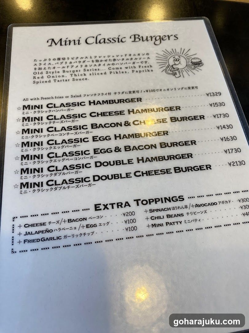 Mini Classic Burgers Menu
