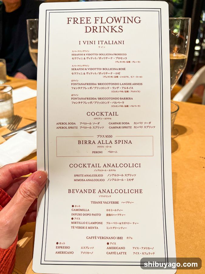 Free Flowing Drinks Menu