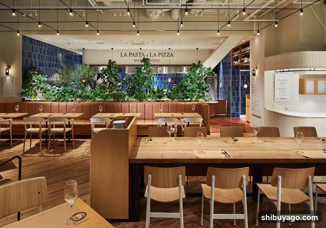 Restaurant Interior with Greenery and Wooden Seating