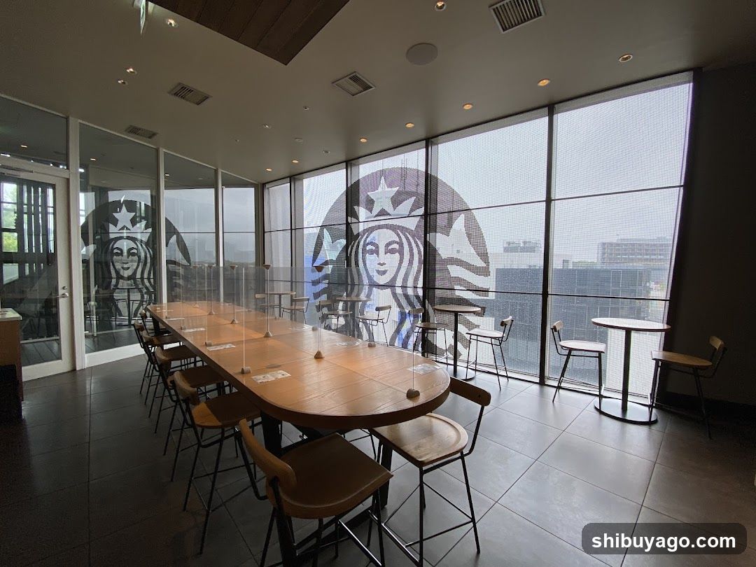 Starbucks Interior with Large Table and Window Display