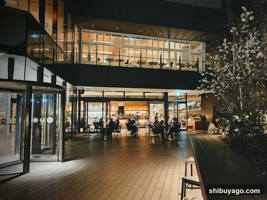 Nighttime Cafe Interior and Exterior View