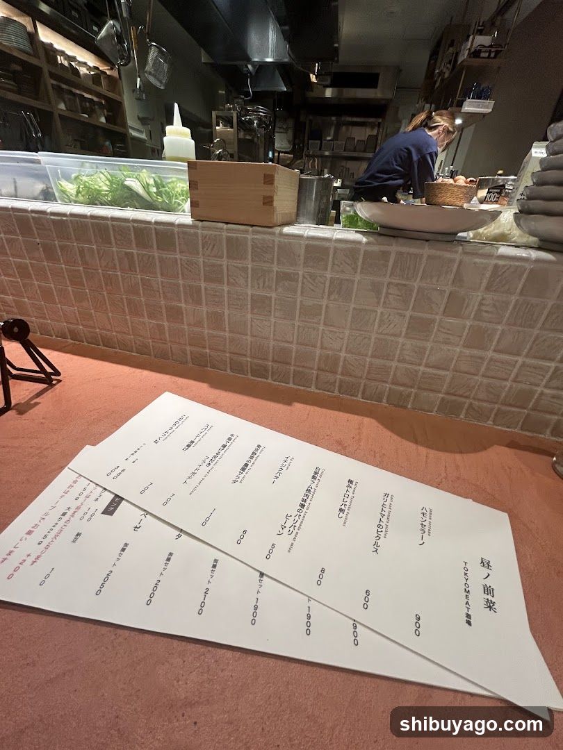 Restaurant Interior with Menu and Kitchen View