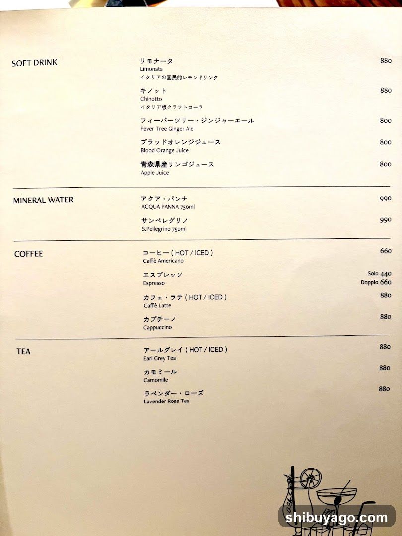 Soft Drink, Mineral Water, Coffee, Tea Menu