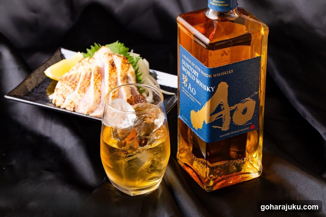 Suntory World Whisky Ao with food and drink