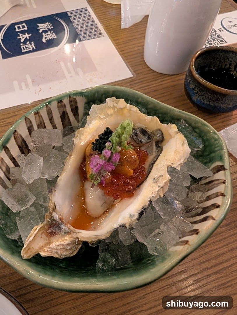 Oyster with garnish on ice