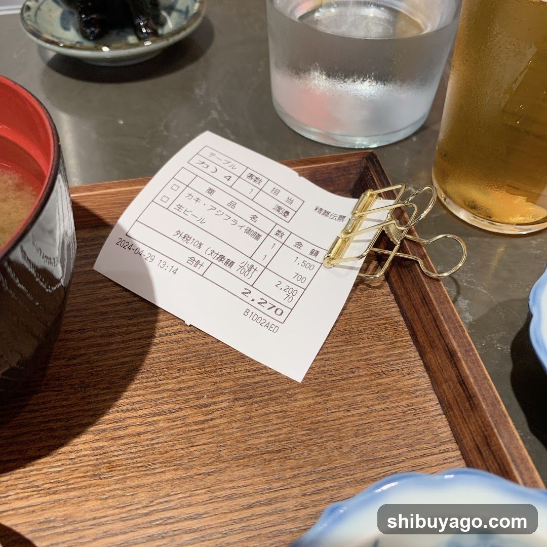 Receipt on wooden tray with drinks and bowls