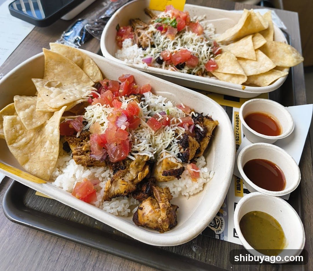 Mexican-style food tray with rice, chicken, salsa, and chips