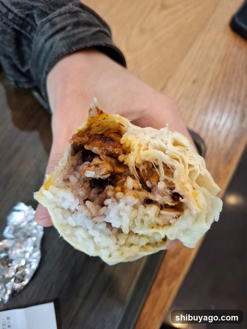 Hand holding a half-eaten rice ball with meat and cheese