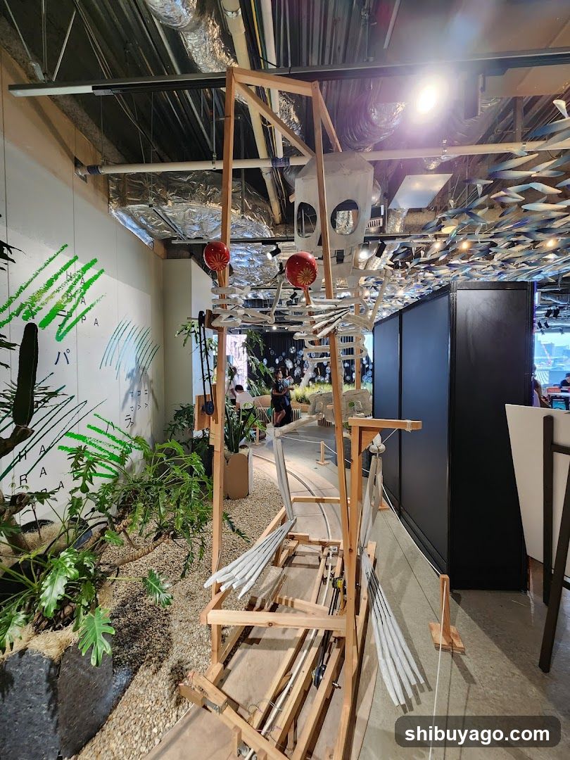 Interior Art Installation with Plants and Wooden Structures