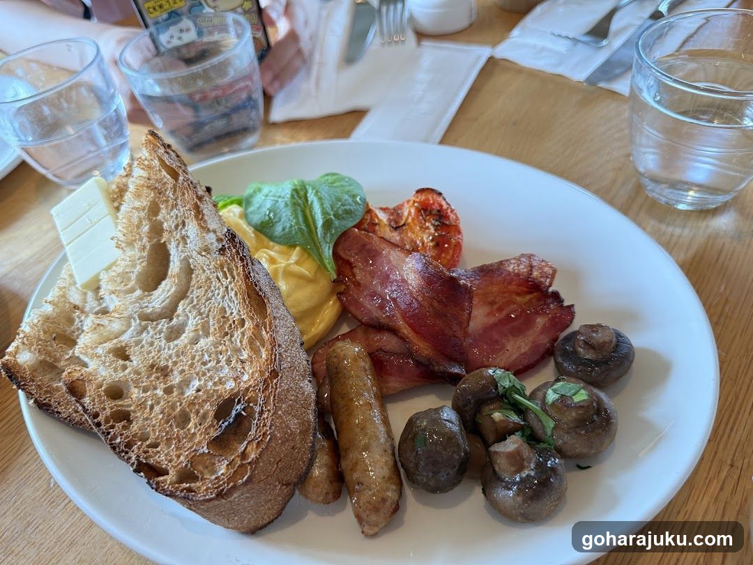 Breakfast Plate with Bacon, Sausage, Mushrooms and Toast