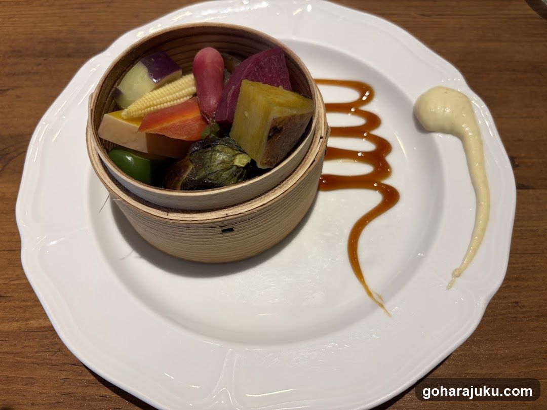 Steamed Vegetable Basket with Sauce Drizzle