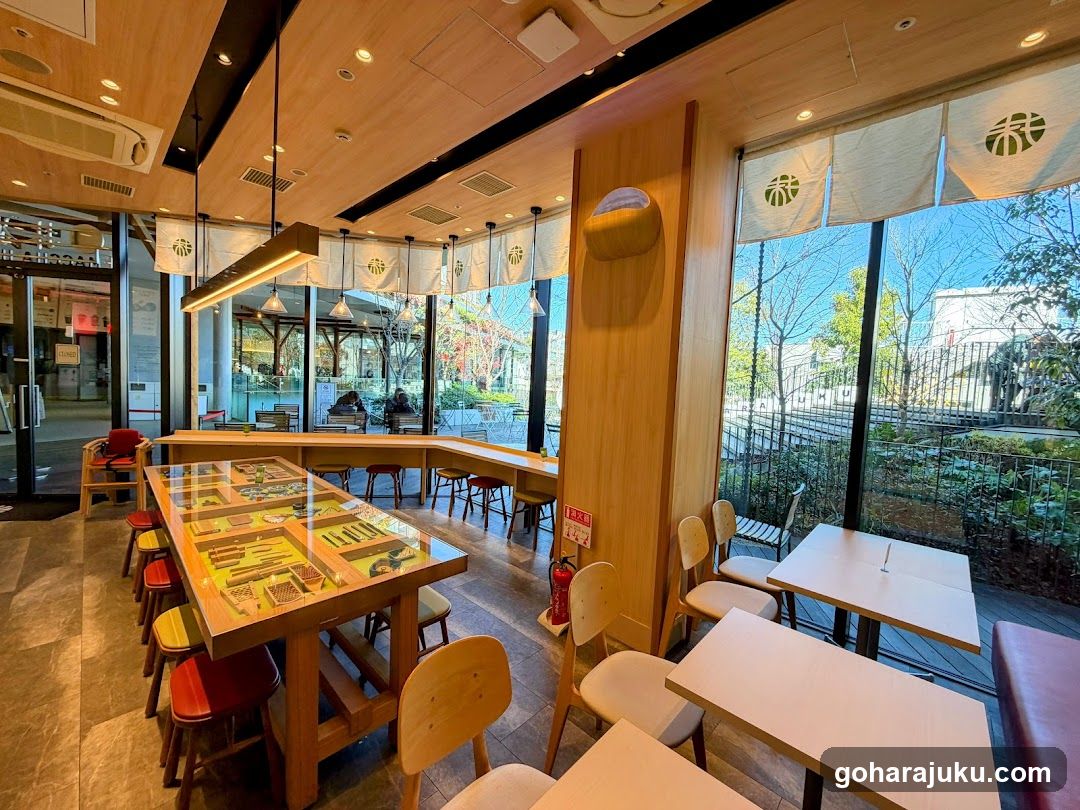 Restaurant Interior with Wooden Tables and Large Windows