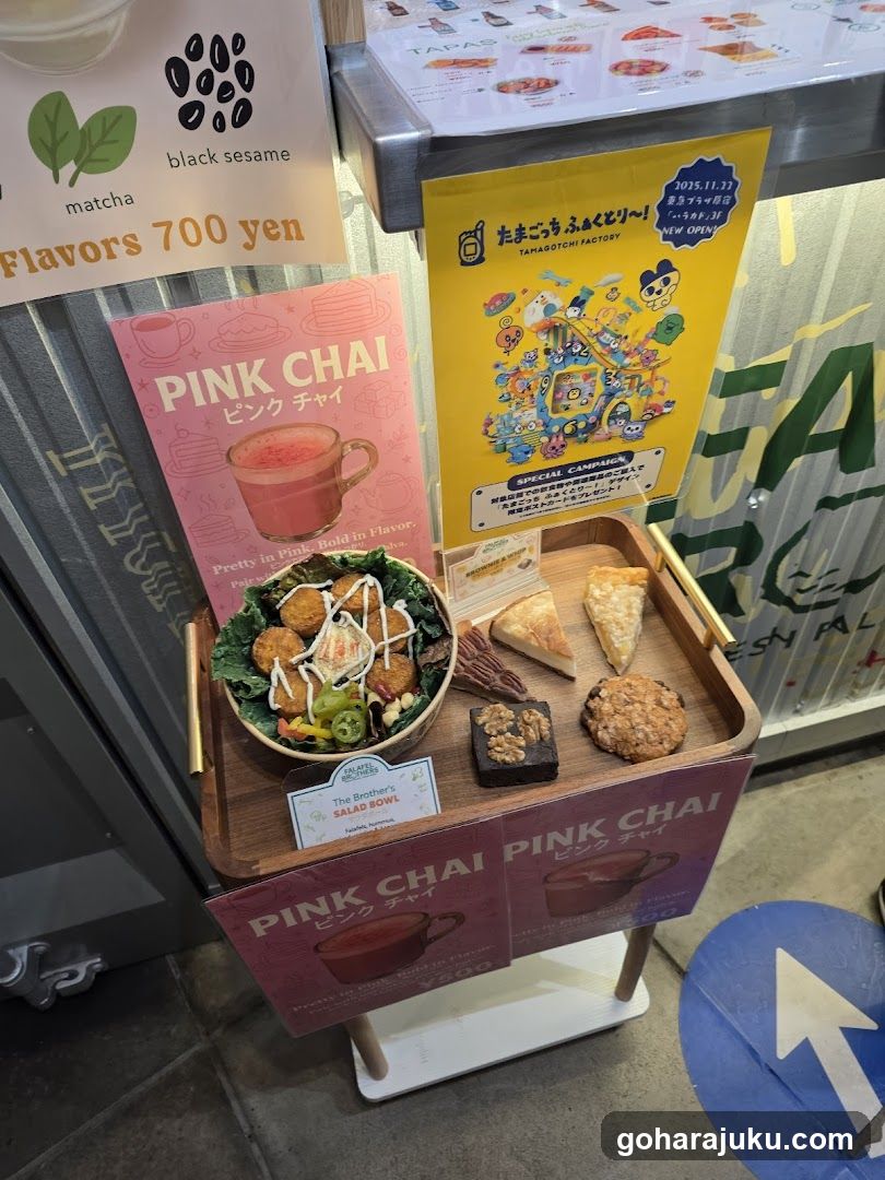Food Display Stand with Pink Chai and Salad Bowl