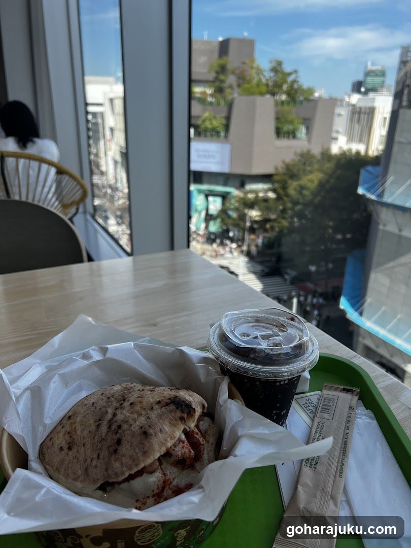 Food on a tray with city view