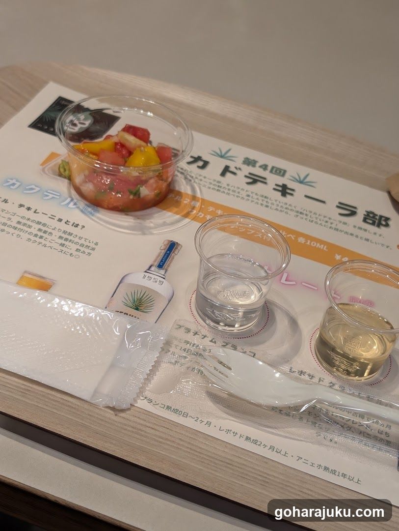 Cocktail tasting set with fruit salad and spirits
