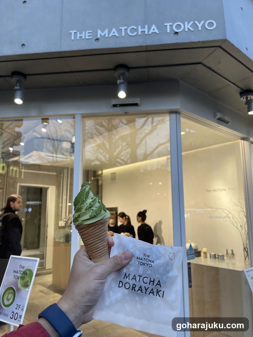 Matcha Ice Cream and Dorayaki in Front of The Matcha Tokyo Store