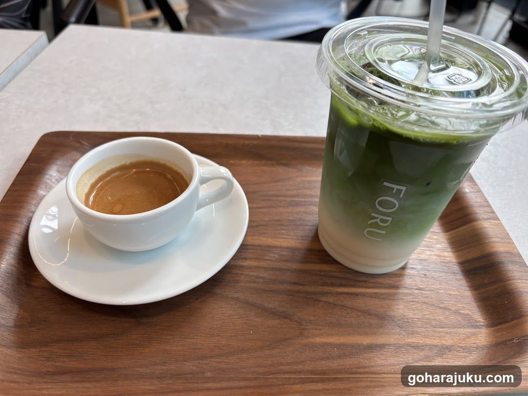 Matcha and Espresso on Wooden Tray