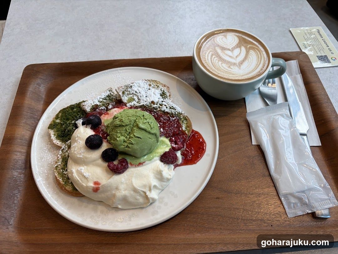 Matcha and Berry Pancakes with Latte