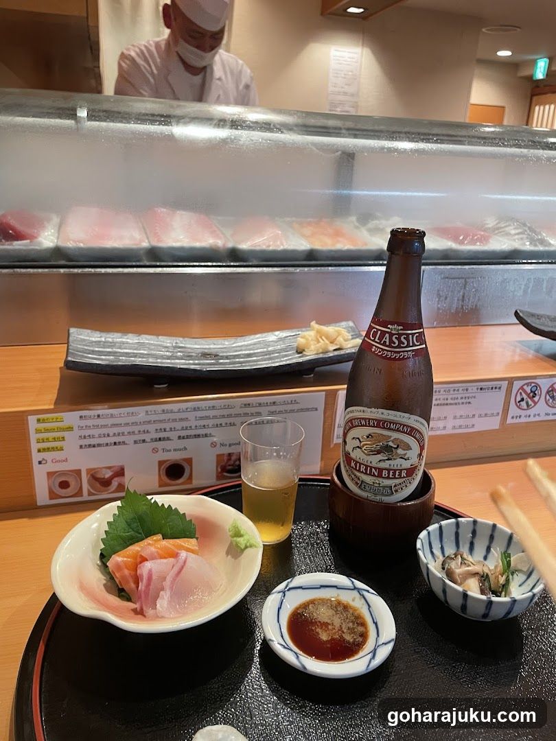 Sushi Bar Interior with Beer and Sashimi