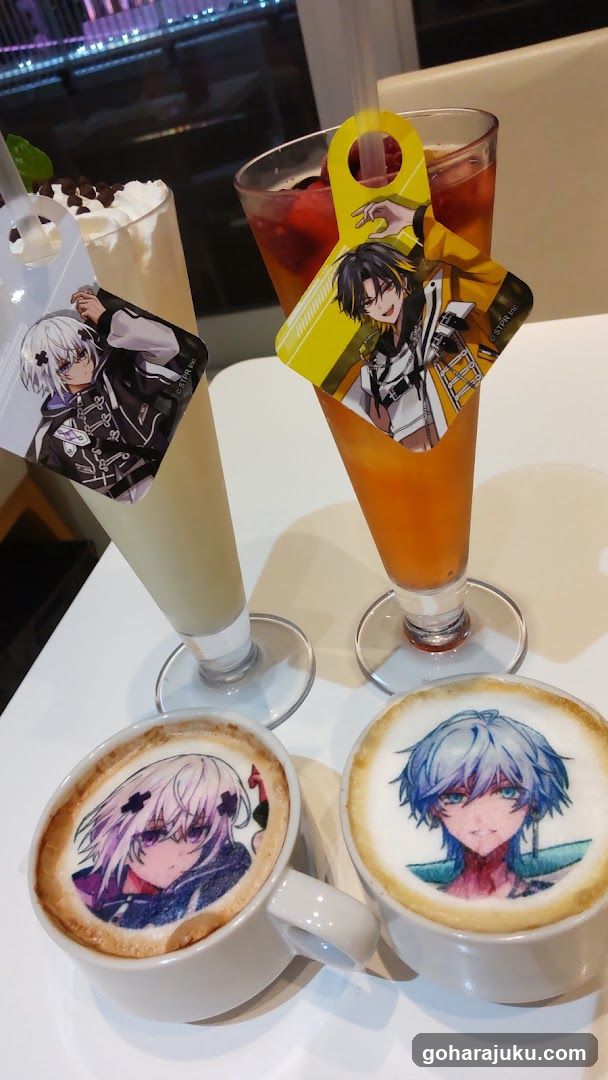 Anime-themed beverages with character art