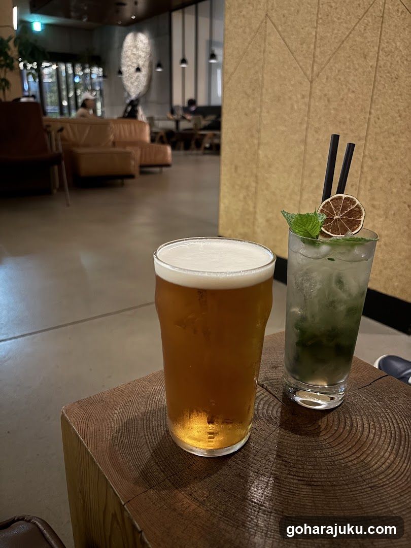 Drinks on a wooden table in a modern lounge