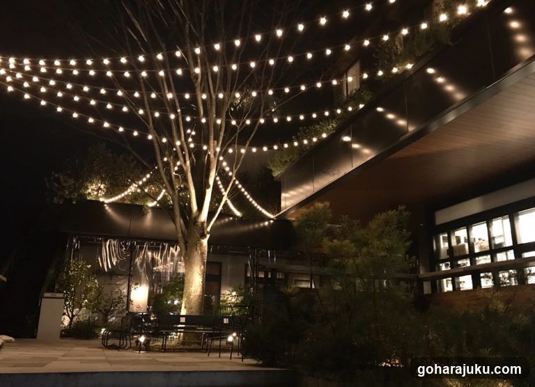 Night Outdoor Dining Area with String Lights