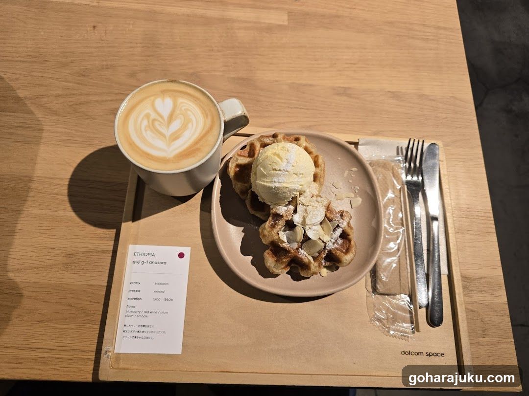 Waffle and Latte on Wooden Tray