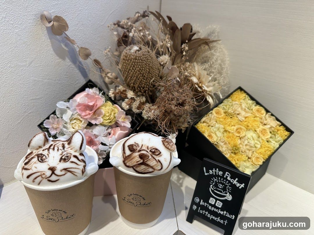 Latte Art Coffee Display with Floral Arrangements