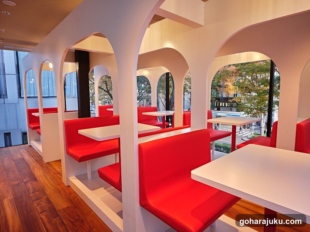 Red and White Interior with Arched Windows