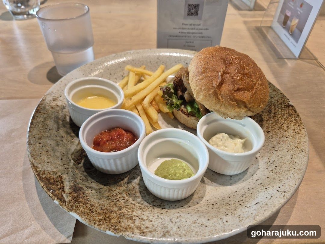 Burger with Side Dips and Fries