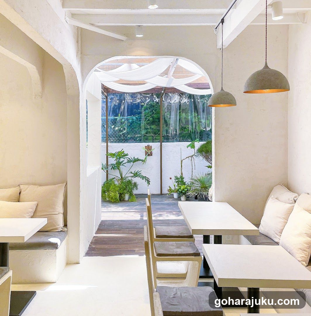 Cozy Cafe Interior with Outdoor Garden View