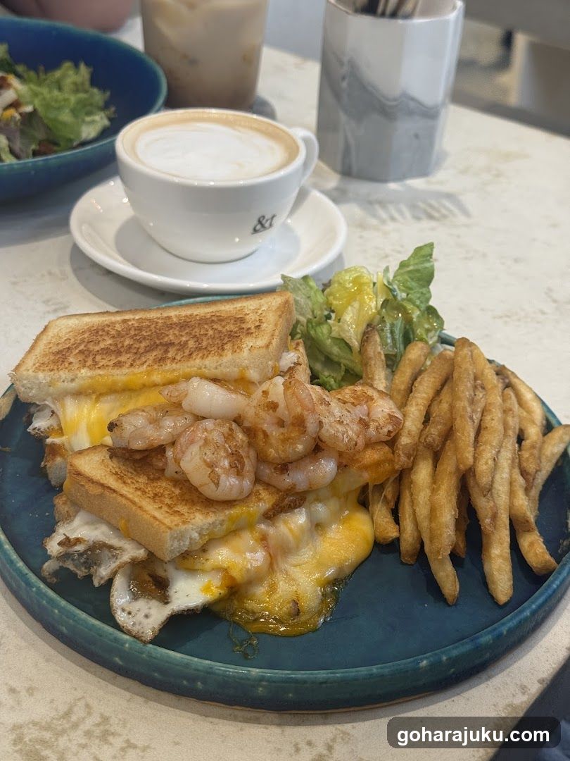 Shrimp Grilled Cheese with Fries and Coffee