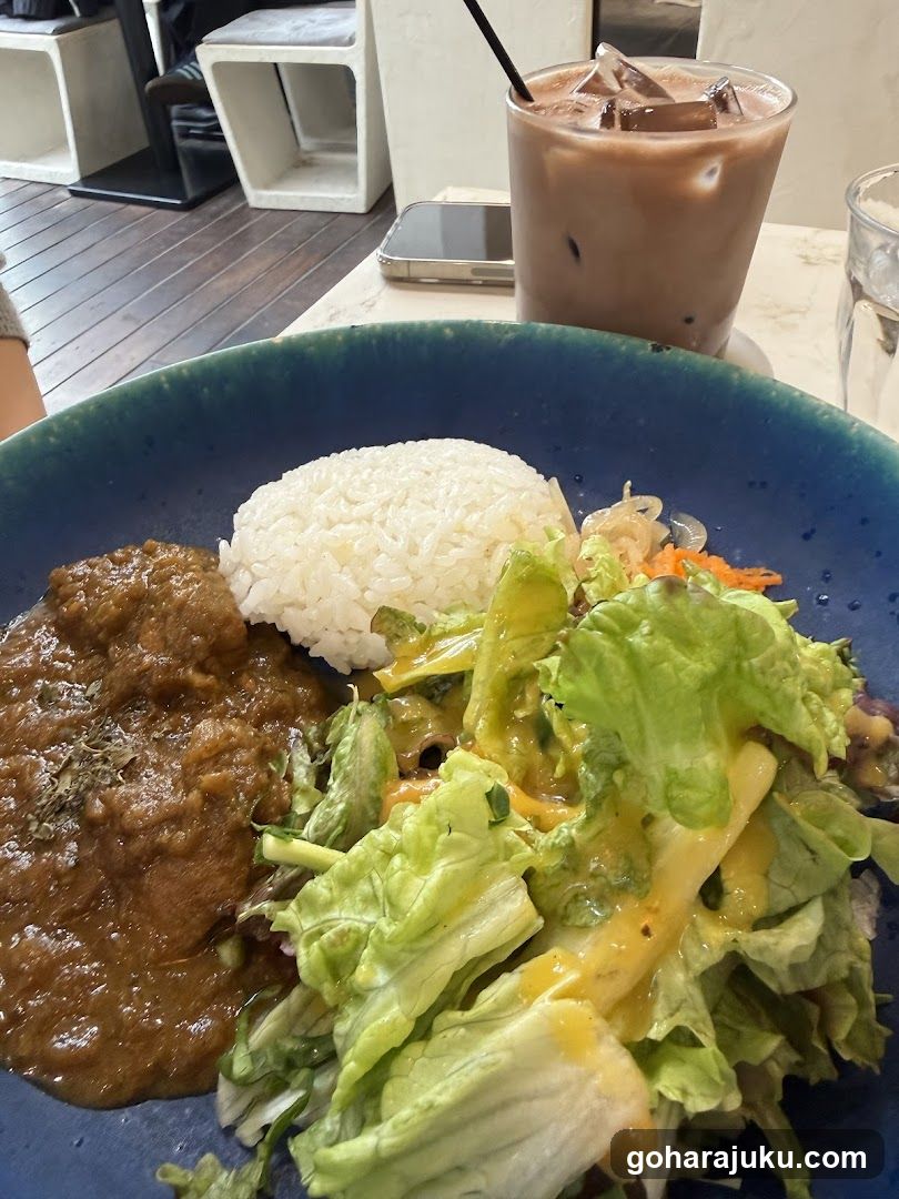 Curry Rice with Salad and Iced Coffee