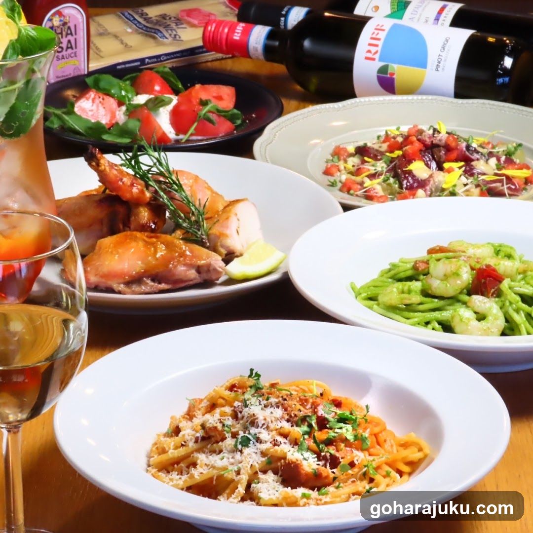 Food Spread with Pasta, Chicken, and Salad