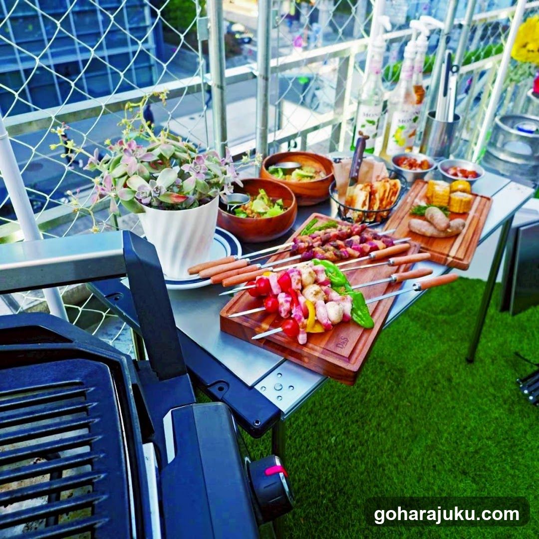 BBQ Setup with Skewers and Grilled Food