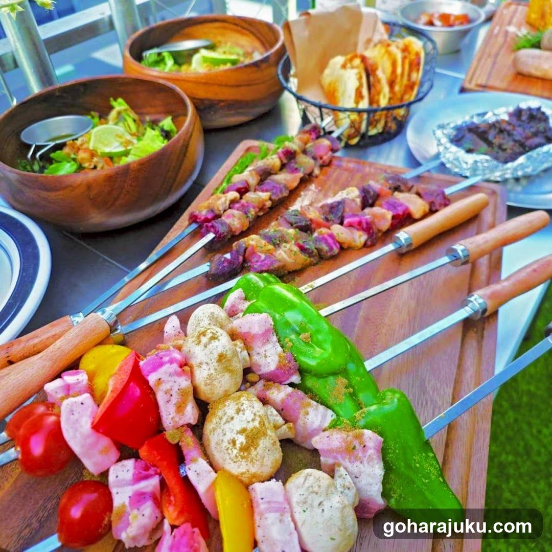 Outdoor Grill Spread with Skewers and Salads