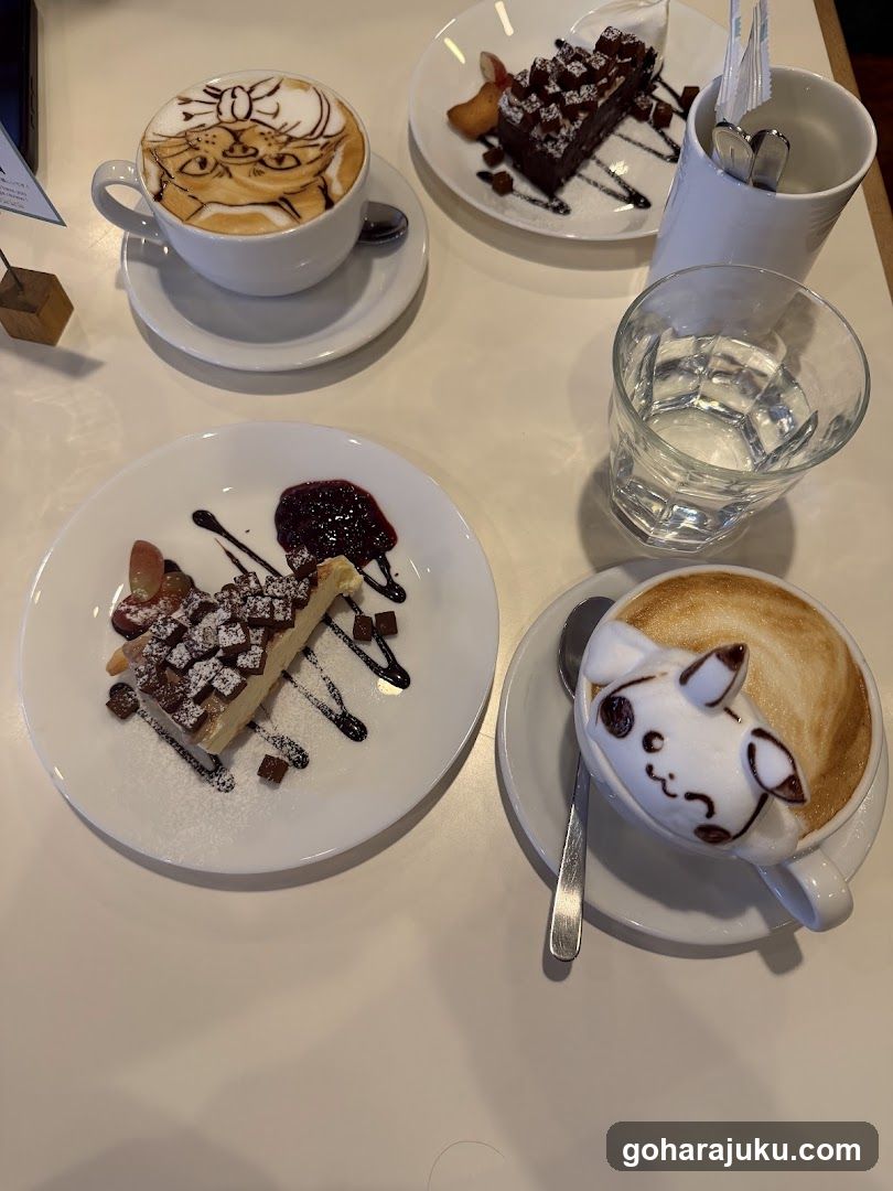Cafe Table Spread with Desserts and Latte Art