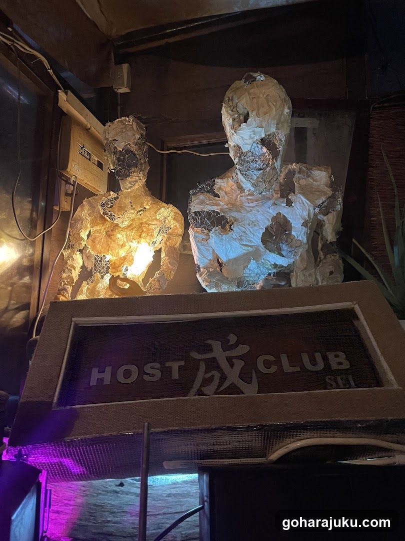 Night shot of a shop entrance featuring two foil-wrapped humanoid sculptures illuminated by warm light above a sign reading 'HOST 成 CLUB SEI'. Purple ambient lighting below the sign, with visible electrical boxes and wiring on the wall to the left.