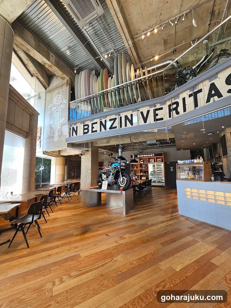 Interior of a motorcycle-themed space with surfboards and bikes