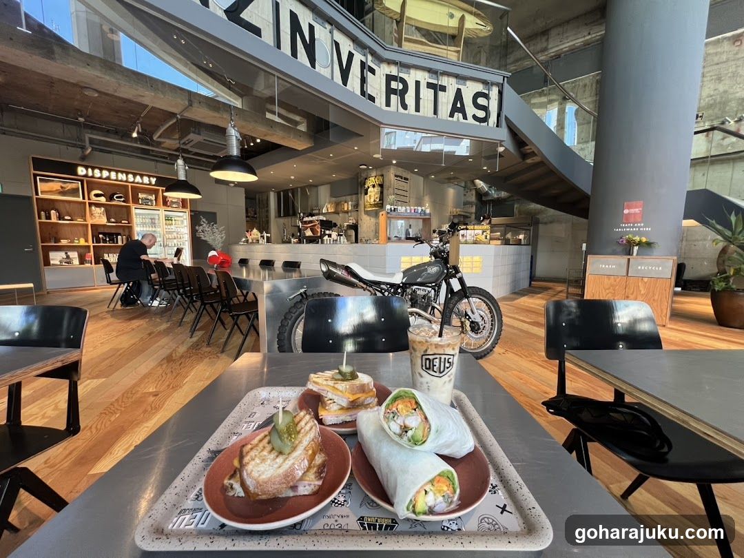 Indoor Cafe Interior with Food and Motorcycle Display