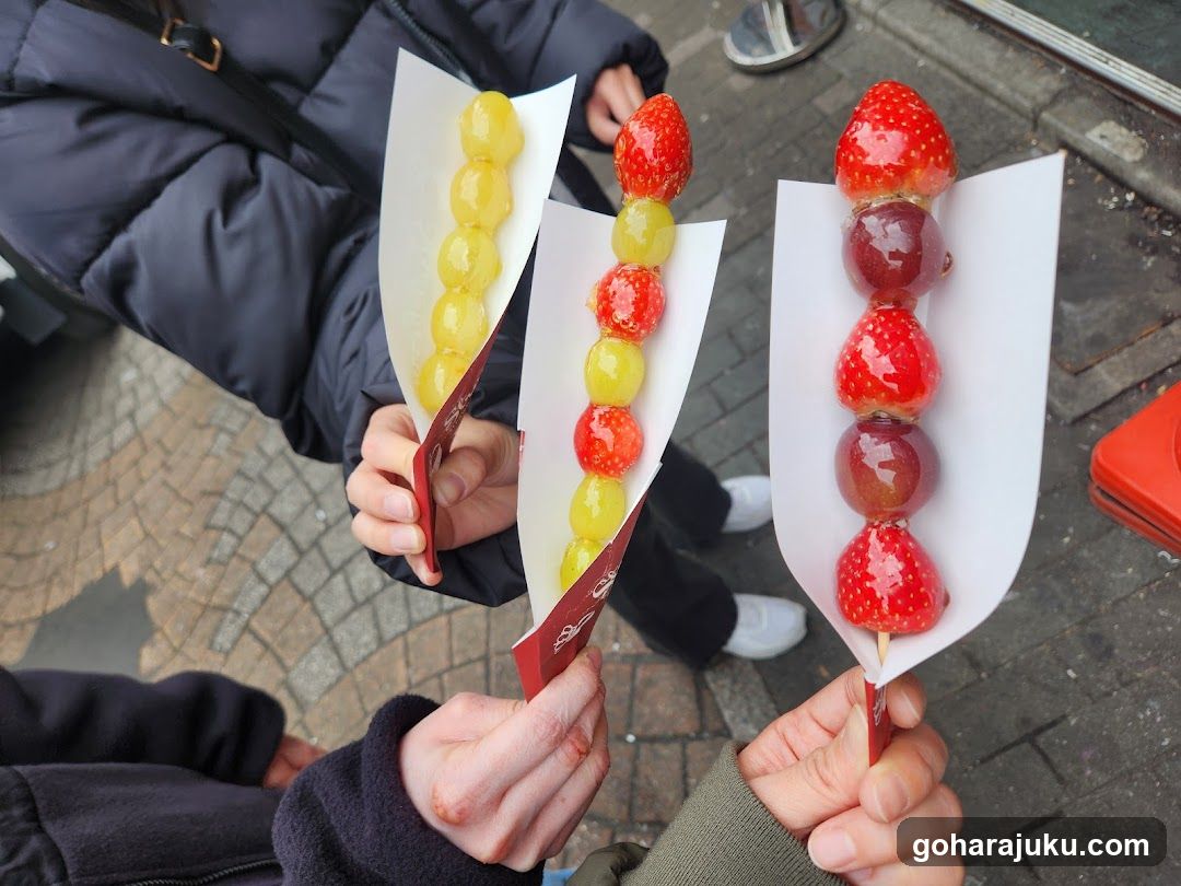 Candy-coated fruit skewers
