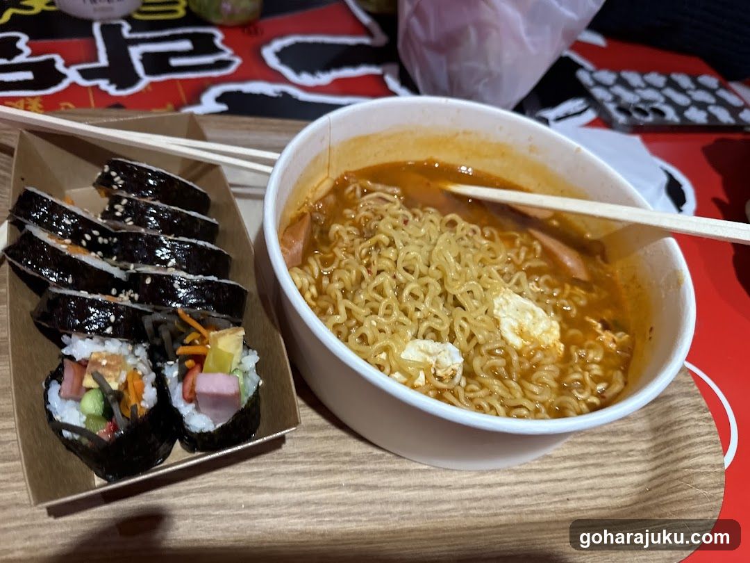 Instant Noodles and Sushi Roll Meal