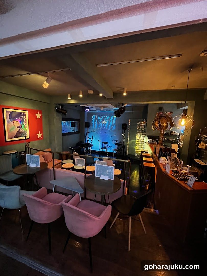 Interior of a bar or lounge with stage area