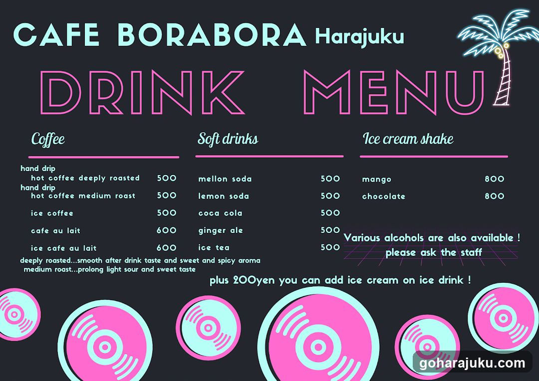 Cafe Borabora Harajuku Drink Menu